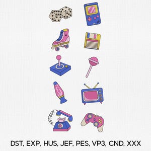 May include: A collection of colorful retro-themed illustrations. Includes dice, a handheld game console, a roller skate, a floppy disk, a joystick, a lollipop, a lava lamp, a television, a telephone, and a video game controller. Text at the bottom reads: DST, EXP, HUS, JEF, PES, VP3, CND, XXX.