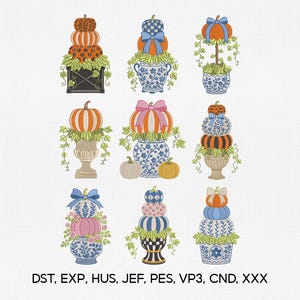 May include: An embroidery design set featuring nine arrangements of pumpkins in various patterns, colors, and containers, including blue and white porcelain, urns, and planters, with green foliage. Text at the bottom reads: DST, EXP, HUS, JEF, PES, VP3, CND, XXX.