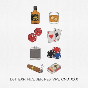 Set of 8 Bar & Lounge Mini Icons Embroidery Design Bundle, Cigar Hip Flask Matchbox Dice Poker Chips Whiskey Embroidery Design