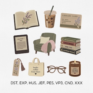 Cozy Bookish Icons Embroidery Design Bundle, Bookish Booktok Embroidery Pack, Bookmark Book Cozy Sofa Tote Bag Iced Coffee Embroidery