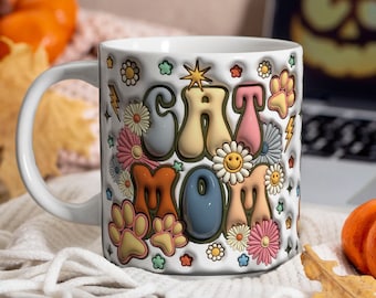 3D Cat Mom Inflated Mug Wrap, 3D Retro Cat Lover Mug Wrap, 11oz Mug & 15oz Mug Sublimation Wrap, Digital Download