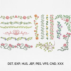 May include: A selection of floral embroidery designs. The image shows borders, corners, and vertical patterns with roses, leaves, and other floral elements in pink, green, and yellow. The text at the bottom reads: DST, EXP, HUS, JEF, PES, VP3, CND, XXX.