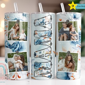 May include: A set of three stainless steel tumblers with a white background and floral designs. Each tumbler features a different photo of a family with the word "Mama" written in a stylized font.