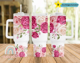 Pink Flower 40oz Quencher Tumbler Wrap, Rose Flower 40oz Tumbler, Tumbler Design, Tumbler Sublimation, Designs Downloads