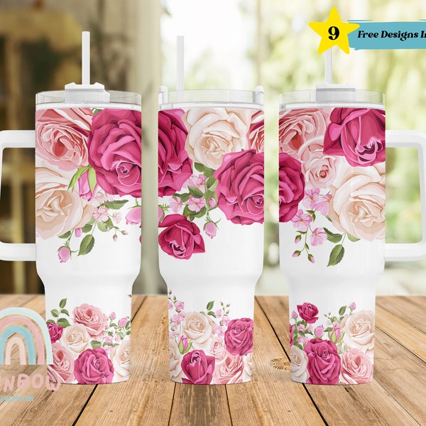 Pink Flower 40oz Quencher Tumbler Wrap, Rose Flower 40oz Tumbler, Tumbler Design, Tumbler Sublimation, Designs Downloads