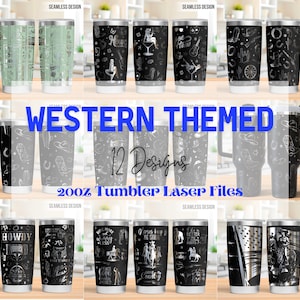 Peut inclure: Une collection de gobelets de 20 oz sur le thème du western. Les gobelets présentent divers motifs, notamment des cactus, des chapeaux de cow-boy, des fers à cheval et le texte "HOWDY". L'image comprend également le texte "WESTERN THEMED" et "12 Designs".