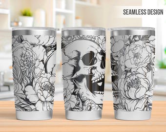 Skull Peony Tumbler Laser Svg, Skull 20oz Tumbler Full Wrap Laser Svg, Laser Engraved Svg,Tumbler Laser File, Laser Svg Tumbler