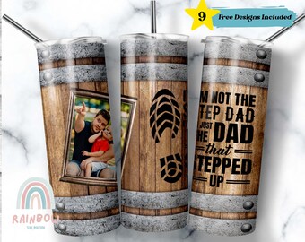 Envoltura de vaso del Día del Padre, Vaso de marco de fotos de padrastro, Vaso de padrastro, Vaso de barril de madera de papá, Descargas de diseño, Vaso flaco de 20 oz