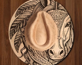 Horse and Feathers Wide Brim Hat Laser Engraving SVG, Western Hat Laser svg -  Digital Download (SVG, PNG) for Wide Brim & Cowboy Hats