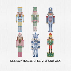 May include: Six embroidered nutcracker designs in various color palettes including light blue, sage green, navy, pink, and white with blue floral patterns. The text DST, EXP, HUS, JEF, PES, VP3, CND, XXX is printed in black at the bottom of the image.