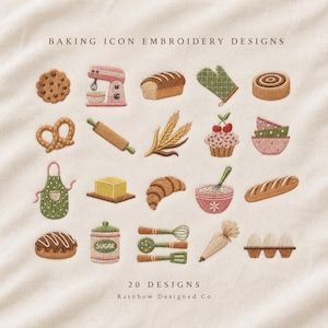 Könnte beinhalten: Eine Sammlung von 20 Back-Symbol-Stickmustern auf Stoff, darunter eine Küchenmaschine, ein Nudelholz, Weizen, ein Cupcake, eine Schürze, Butter, ein Croissant, ein Schneebesen, ein Spritzbeutel, Eier und verschiedene Brotsorten.