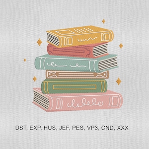 Könnte beinhalten: Eine Illustration von fünf bunten Büchern, mit goldenen Akzenten und hellem Hintergrund. Die Bücher sind in Gelb, Rot, Türkis, Braun und Rosa gehalten. Der Text "DST, EXP, HUS, JEF, PES, VP3, CND, XXX" ist enthalten.