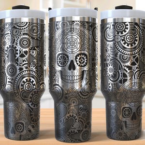 Vaso Sugar Skull Gear de 40 oz con grabado láser, vaso Sugar Skull con grabado láser, SVG grabado láser, SVG para grabado láser, SVG para láser rotatorio