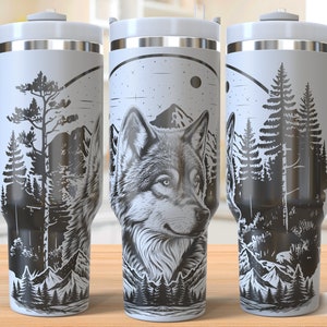 May include: A white stainless steel travel mug with a black and white design of a wolf in a forest setting. The design is seamless and wraps around the mug.