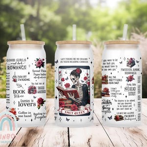 May include: Three white tumblers with black text and images. The tumblers feature quotes about reading, romance, and dark romance. The tumblers are decorated with roses, butterflies, and skulls.