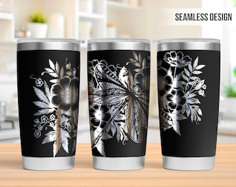 Dragonfly Tumbler Laser Engraving Wrap, Flower Dragonfly Tumbler Wrap Svg, 20oz Laser Engraved Svg,Laser Engraving Svg,SVG For Laser Rotary