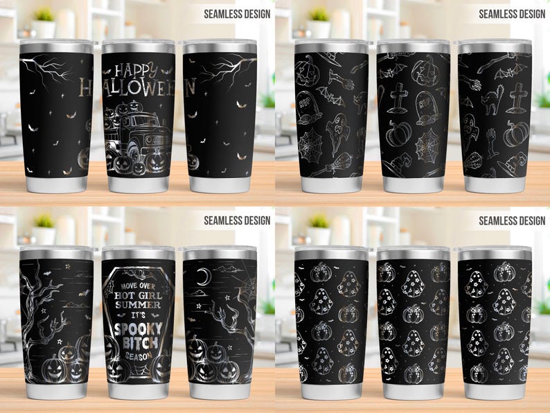 Pu&ograve; includere: Quattro set di bicchieri in acciaio inossidabile con sfondo nero e disegni a linee bianche. I motivi includono camion di Halloween, zucche, fantasmi, pipistrelli, lapidi e il testo Happy Halloween e Move Over Hot Girl Summer It's Spooky Bitch Season.