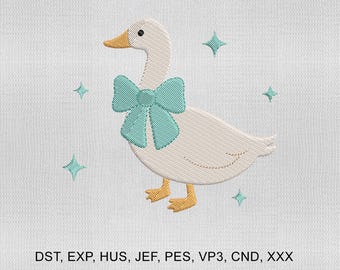 May include: Embroidered design of a white goose wearing a teal bow, surrounded by teal star shapes. The goose has yellow feet and beak. The text at the bottom reads: DST, EXP, HUS, JEF, PES, VP3, CND, XXX.