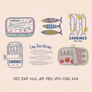 May include: A selection of sardine illustrations. Some show sardines in tins with the words "Sardines" and "Sardines with Lemon". Other illustrations depict individual fish with decorative patterns and the text "Les Sardines".