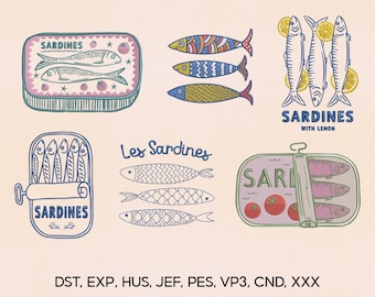Set of 6 Sardines Embroidery Design, Italian Summer The Market Embroidery Design,Les Sardines Embroidery File,Embroidery Machines File