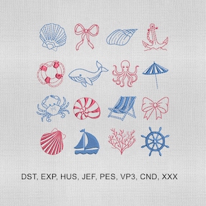 16 Mini Costal Icons Embroidery Design,Chinoiserie Blue Seashell Bow Seafood Embroidery File,Summer Embroidery File,Embroidery Machines File