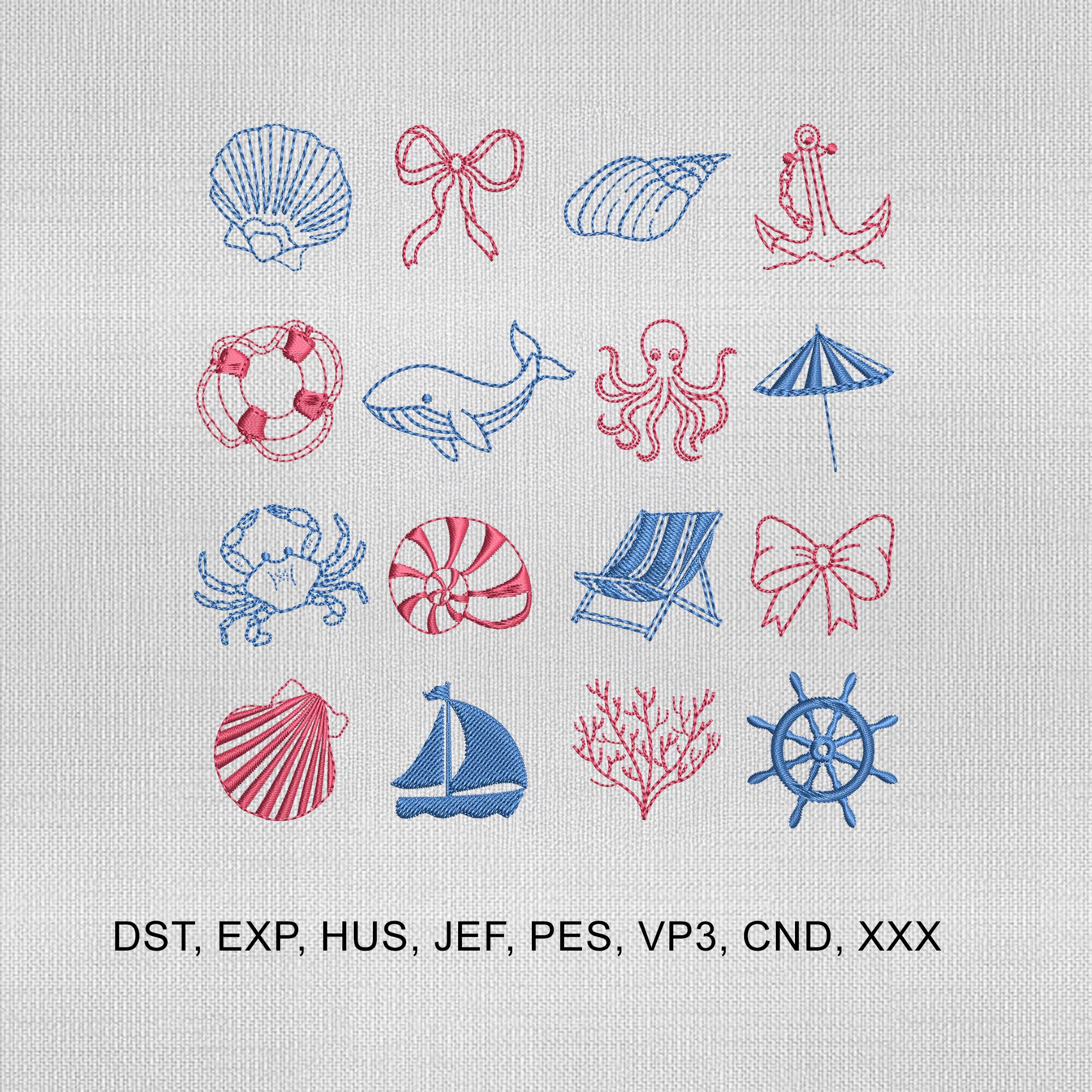 4 Sizes Costal Embroidery Design, Chinoiserie Blue Seashell Bow Seafood Embroidery Design, Summer Embroidery Design,Embroidery Machines File