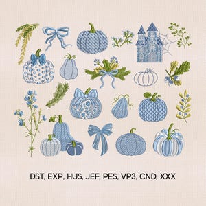 May include: A collection of blue and white embroidered pumpkin designs, bows, and floral elements. The image includes various pumpkin shapes and patterns, with a castle and botanical accents. The background is a light beige fabric.