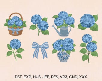 Set van 8 hortensia bloem borduurwerk ontwerpbundel, hortensia borduurontwerp, bloem borduurbestand, borduurmachines bestand