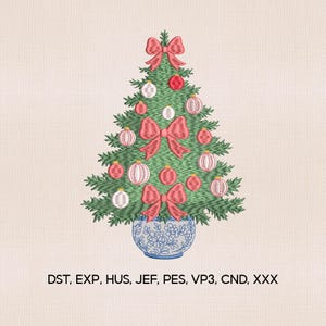 May include: Embroidered Christmas tree design with green needles, red bows, and ornaments. The tree sits in a blue and white floral pot. The image includes the text "DST, EXP, HUS, JEF, PES, VP3, CND, XXX".
