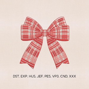 Könnte beinhalten: Ein rot-weiß kariertes Schleifendesign, auf cremefarbenem Stoff gestickt. Die Schleife hat ein detailliertes Muster mit einem zentralen Knoten und fließenden Enden. Der Text lautet: DST, EXP, HUS, JEF, PES, VP3, CND, XXX.