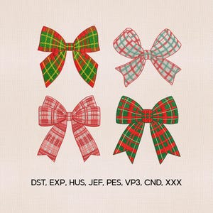 May include: Four embroidered bows in a plaid pattern. The bows are in red, green, and white. The bows are arranged in a square on a cream-colored background. The image includes the text "DST, EXP, HUS, JEF, PES, VP3, CND, XXX".