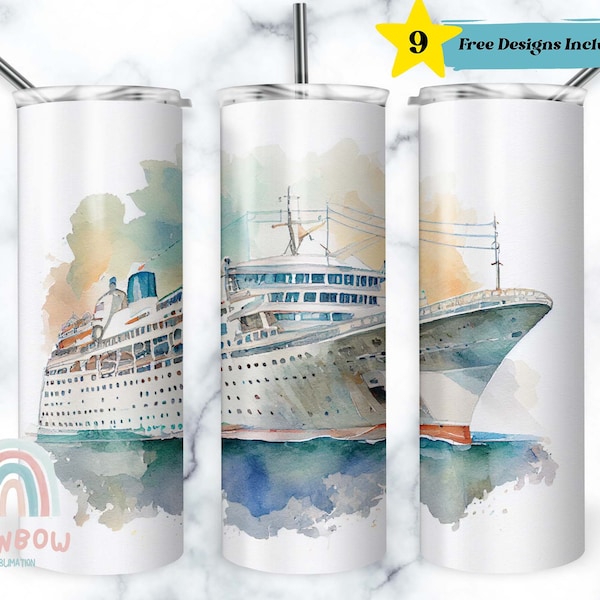 Watercolor Cruise Ship Tumbler Wrap, Ship Tumbler Design, Sublimation Tumbler Design Download - Skinny 20oz Tumbler Wrap