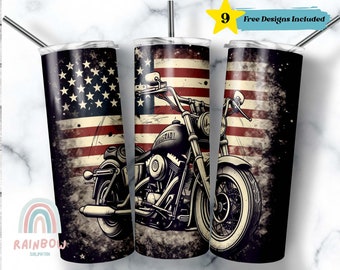 Motorcycle American Flag Tumbler Wrap, Patriotic Tumbler, Grunge Motorcyle Tumbler, Sublimation Tumbler, Skinny 20oz Tumbler Wrap