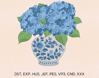 4 Size Hydrangea Flower Chinoiserie Vase Embroidery Design, Hydrangea Embroidery Design, Flower Embroidery File, Embroidery Machines File