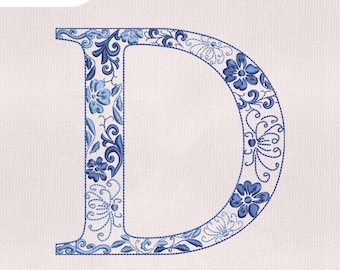 Fuente de bordado chinoiserie con la letra D, fuente de bordado chinoiserie a máquina, fuente de bordado floral azul, letras de monograma bordadas