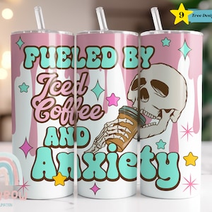 Fueled By Iced Coffee and Anxiety Tumbler Wrap, Coffee Tumbler, Sarcastic Tumbler, Sublimation Design, Digital Download,Skinny 20oz Tumbler