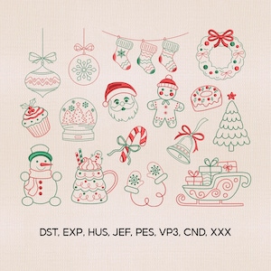 May include: A collection of Christmas-themed embroidery designs in red and green, including ornaments, stockings, Santa Claus, a gingerbread man, a snowman, and a wreath. The designs are outlined on a beige background. The text "DST, EXP, HUS, JEF, PES, VP3, CND, XXX" is at the bottom.