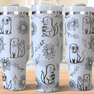 May include: White travel mug with a repeating pattern of cartoon otters, flowers, and leaves in black. The otters are depicted in various poses, some wearing sunglasses or holding coffee cups. The mug has a white lid and handle.