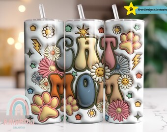 3D Cat Mom Inflated Tumbler Wrap, Cat Mom Wrap PNG, Sublimation Design, Digital Download, Skinny 20oz Tumbler Wrap