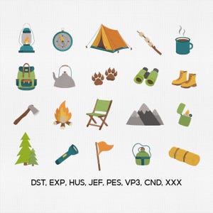 May include: A collection of camping-themed illustrations on a white background. The images include a tent, compass, lantern, backpack, campfire, binoculars, boots, and other outdoor adventure items. The text "DST, EXP, HUS, JEF, PES, VP3, CND, XXX" is at the bottom.
