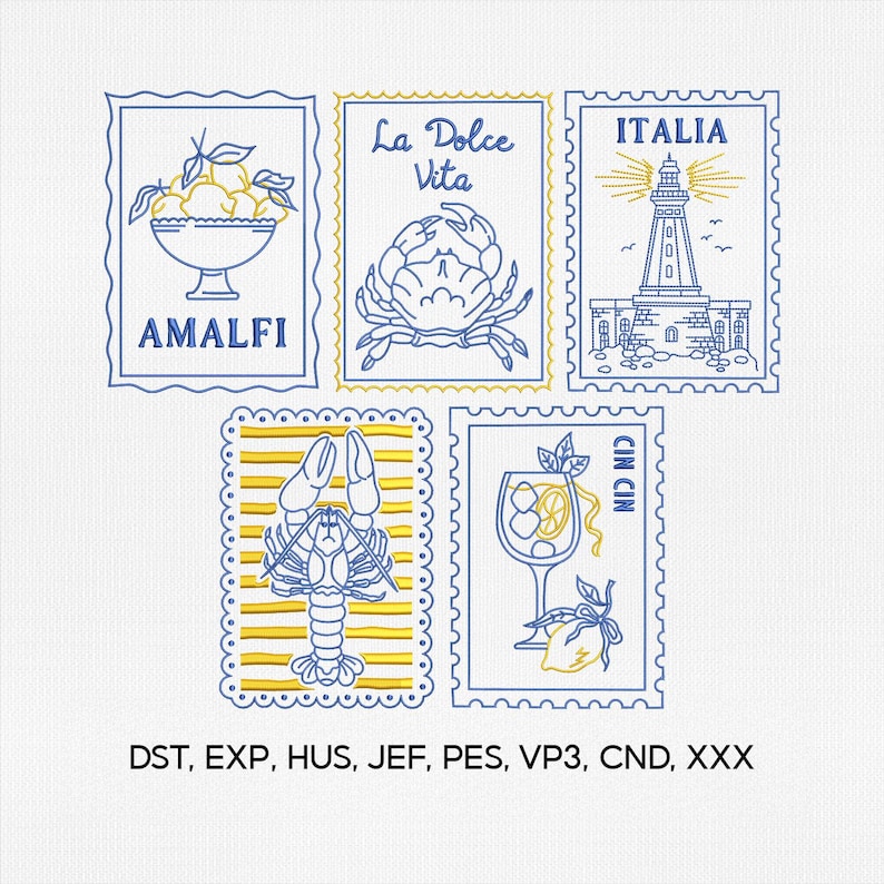 May include: A collection of five postage stamp-style designs with Italian themes. The designs feature illustrations of lemons, a crab, a lighthouse, a lobster, and a cocktail. The text includes "AMALFI", "La Dolce Vita", "ITALIA", and "CIN CIN".