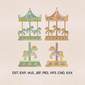 Könnte beinhalten: Vier Karussell-Designs in einer sanften Pastell-Farbpalette. Zwei zeigen ein komplettes Karussell mit Pferden, während die anderen beiden ein einzelnes Pferd zeigen. Die Designs beinhalten türkisfarbene, gelbe, rosa und goldfarbene Akzente. Der Text "DST, EXP, HUS, JEF, PES, VP3, CND, XXX" ist enthalten.