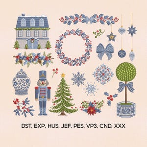 May include: A collection of Christmas-themed embroidery designs featuring a house, wreaths, ornaments, snowflakes, a nutcracker, and a Christmas tree. The designs are in shades of blue, red, green, and gold. The image includes the text "DST, EXP, HUS, JEF, PES, VP3, CND, XXX".