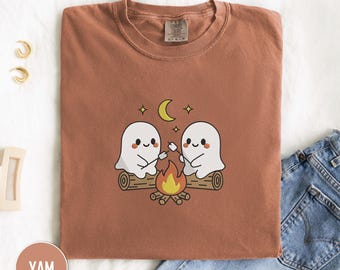 Cute Ghosts Camping Embroidered Shirt, Comfort Colors Tee, Spooky Season Shirt, Halloween Gifts, Halloween Vintage Embroidery Tee, Ghost Tee
