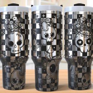 Vaso de 40 oz con calaveras de azúcar, grabado láser, SVG de calavera, SVG grabado láser, SVG para láser rotatorio