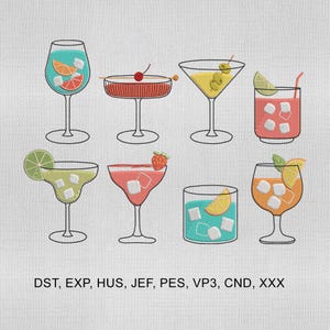 8 Mini Cocktail Embroidery Design, Summer Drink Cocktail Embroidery Design, Summer Embroidery Design, Embroidery Machines File