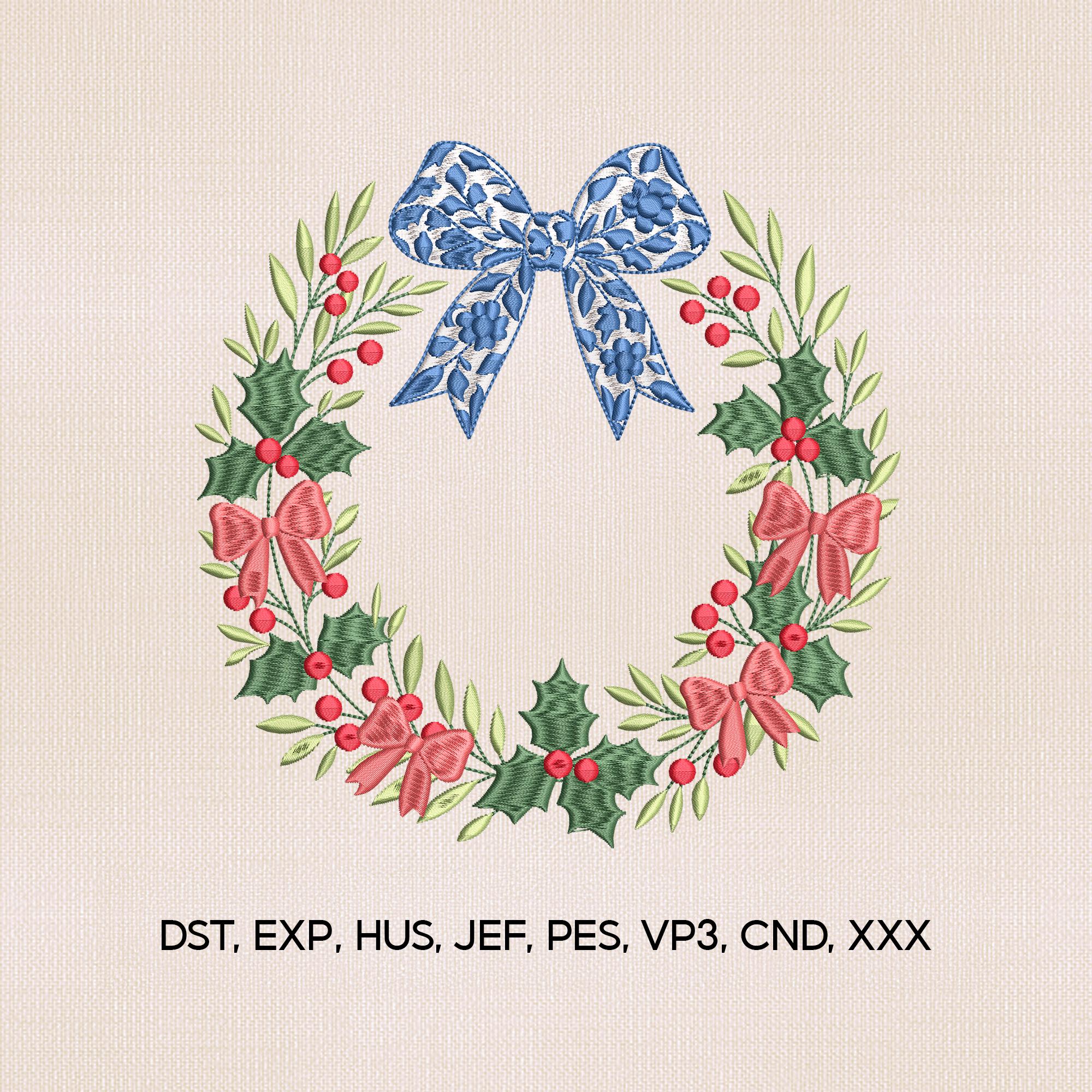 Grandmillennial Christmas Embroidery Design, Xmas Wreath Embroidery