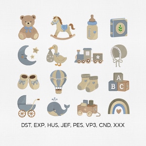 May include: A collection of sixteen embroidered baby-themed icons including a teddy bear, rocking horse, baby bottle, book, moon, goose, train, bonnet, booties, hot air balloon, socks, alphabet blocks, carriage, whale, wagon, and rainbow. Text: DST, EXP, HUS, JEF, PES, VP3, CND, XXX.