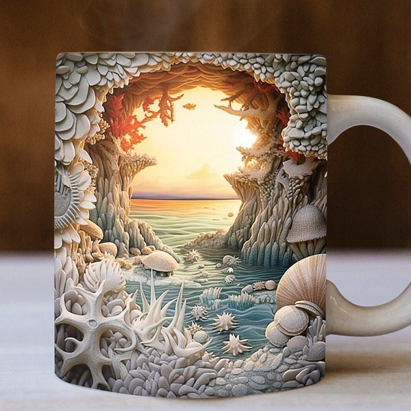 3D Beach Landscape Mug, Beach Mug Design, 3D Mug, 11oz Mug & 15oz Mug Sublimation Wrap, Digital Download