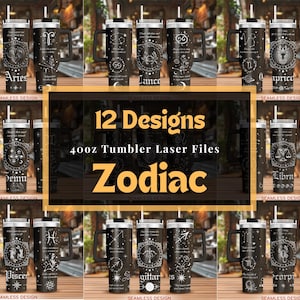 Zestaw kubków Zodiac Tumbler Laser Svg, Znaki Zodiaku 40oz Tumbler Full Wrap Laser Svg, Grawerowany laserowo Svg, Plik laserowy do kubków, Laser Svg do kubków